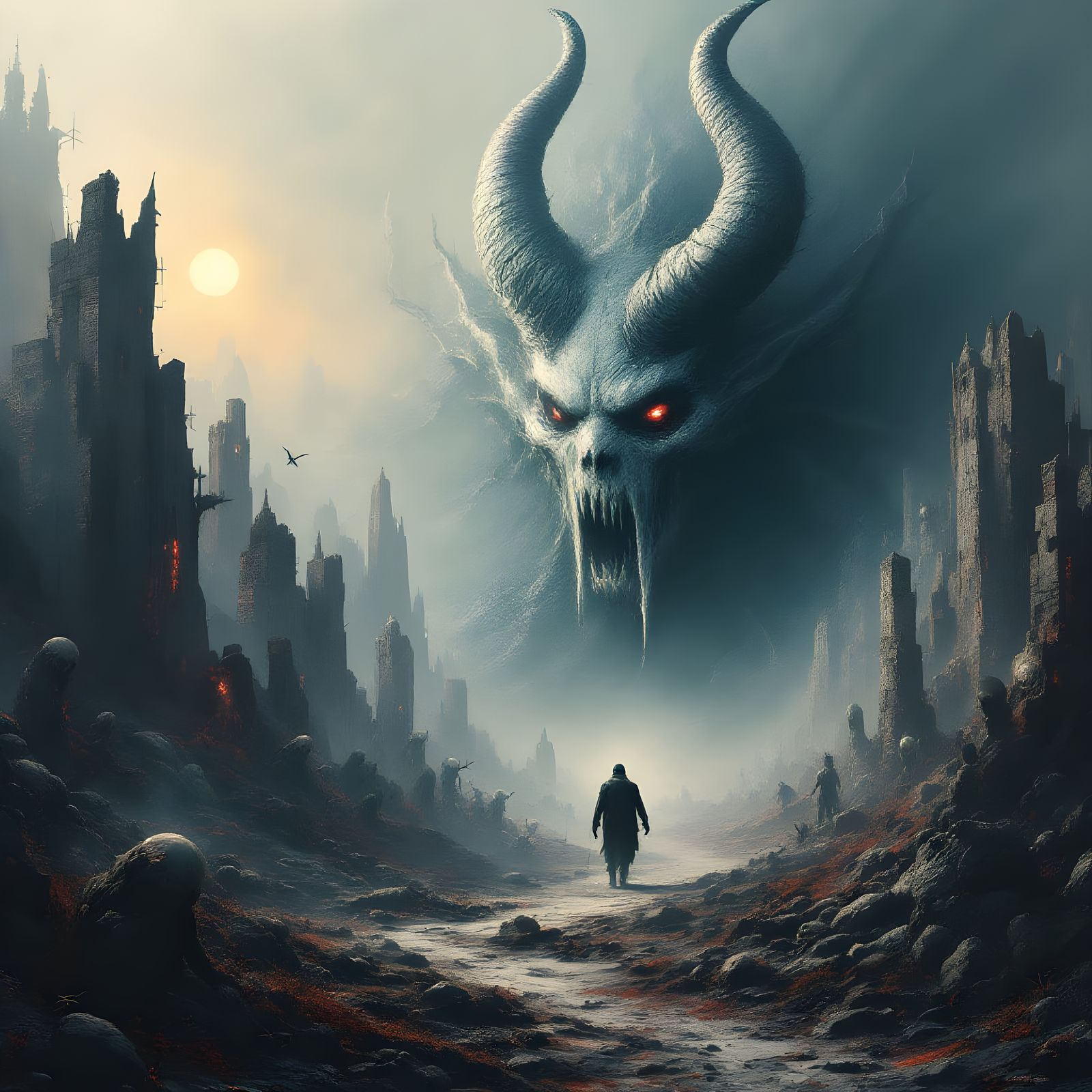 Giant Satan Face in Hell, Abstract Horrors, White & Blue