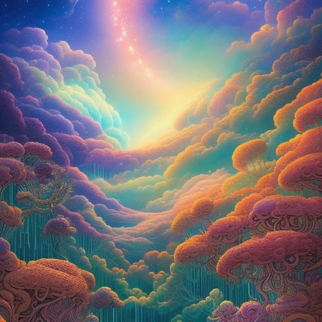 Rainbow Fantasy Landscape with Astral Aurora