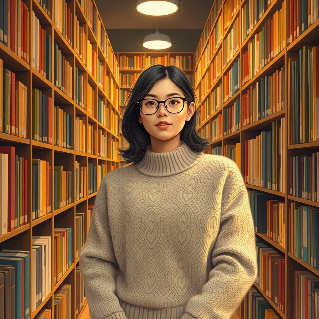 Woman Reading in Cozy Library, Digital Art