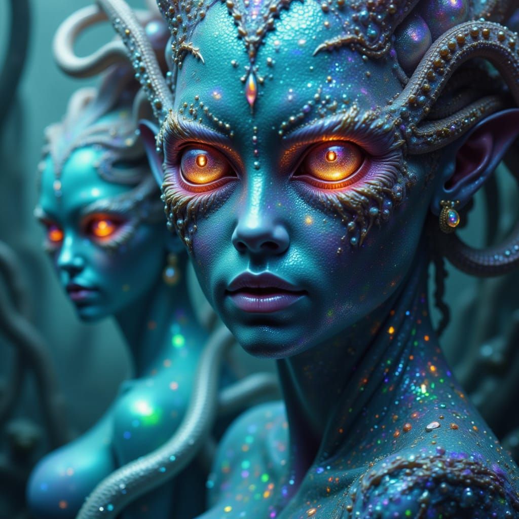 Holographic Alien with Opal Florals in Cosmic Horror Style