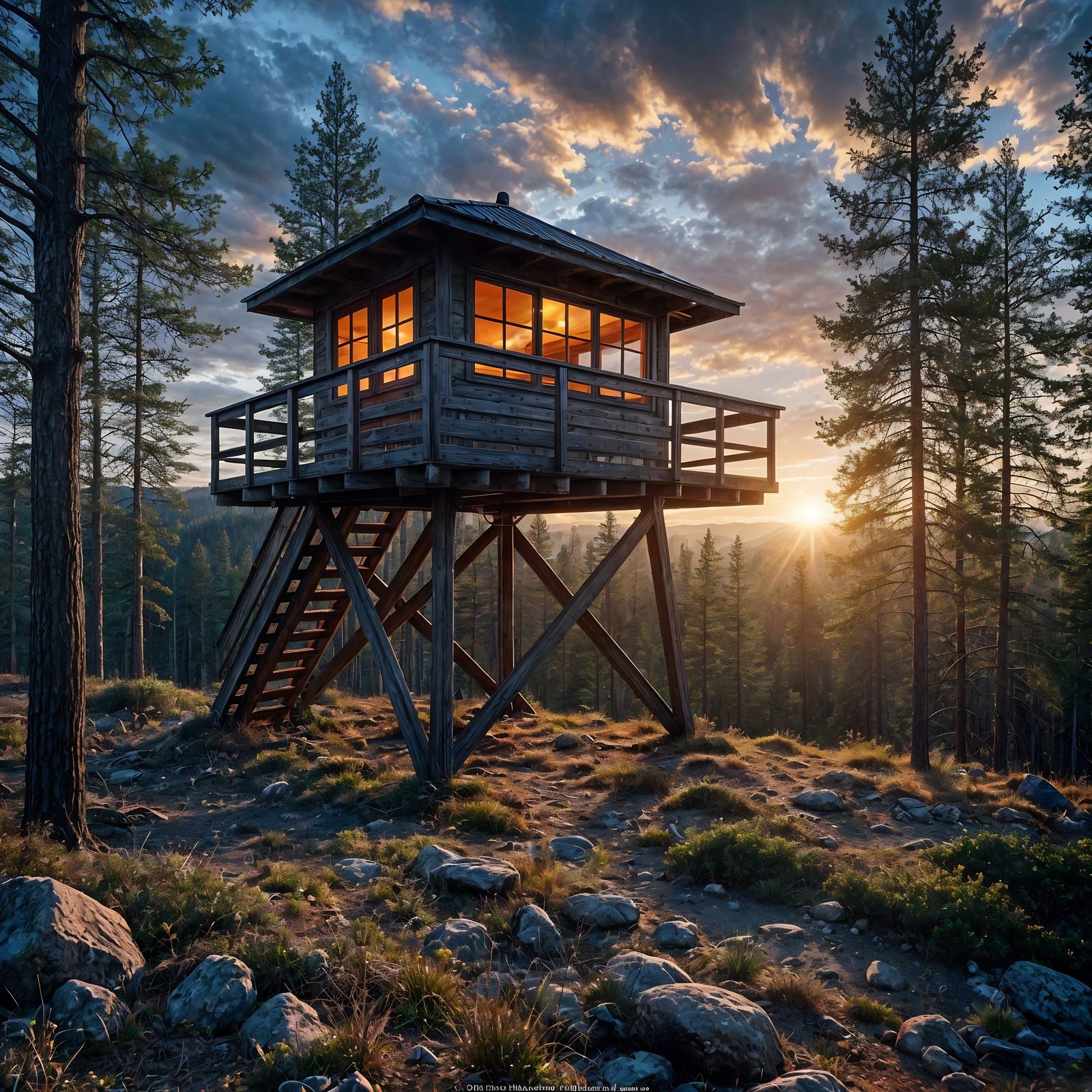 Fire Lookout Tower at Sunrise in Hyperrealism