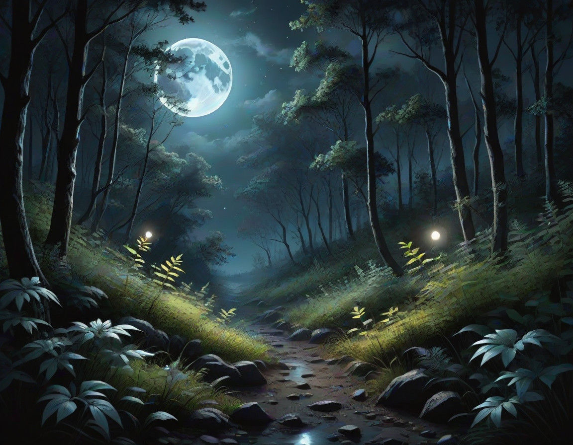 Surreal Moonlit Forest Path in Realistic Style