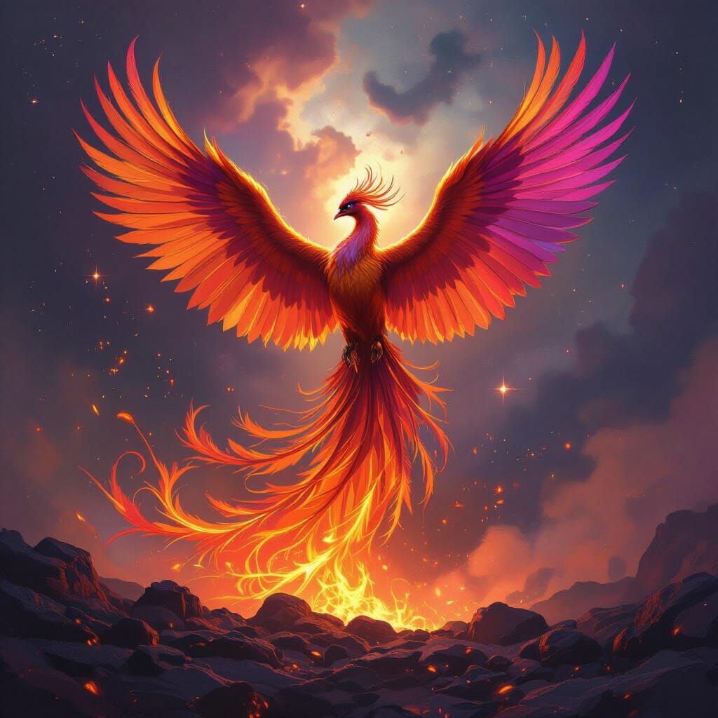 Fiery Phoenix Rises from Embers in Matte Painting Style