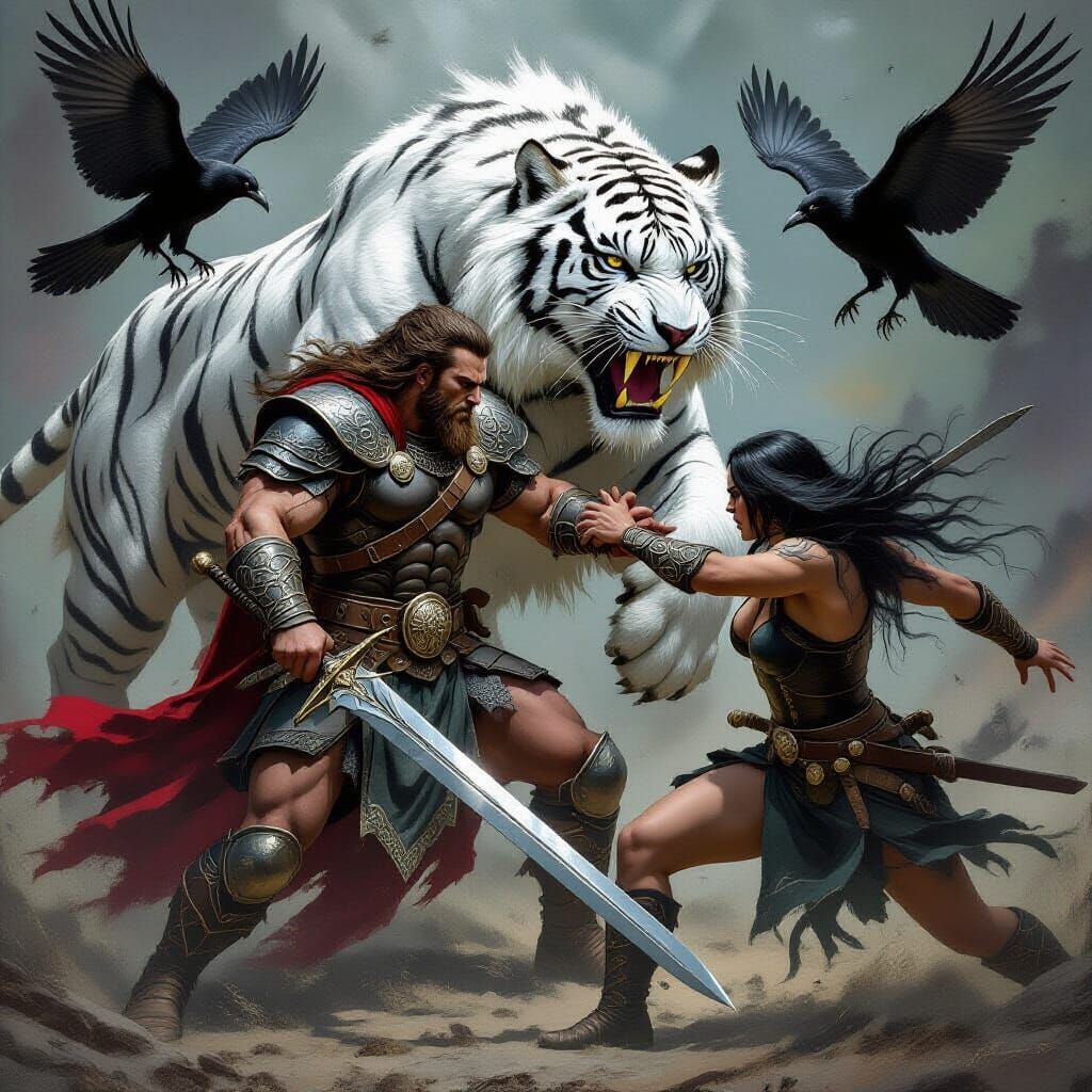 Celtic Warrior in Combat with Tiger and Ravens