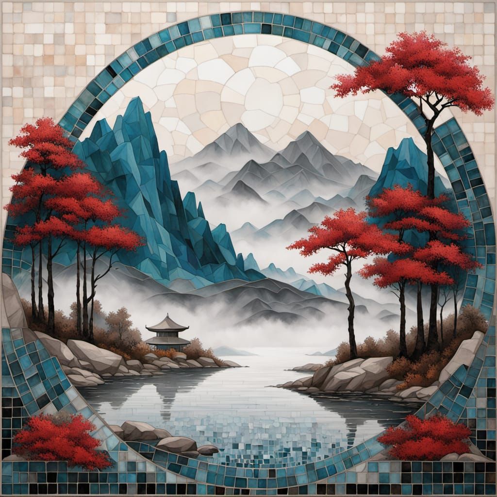 Asian-Inspired Mosaic Landscape with Misty Mountains and Ref...