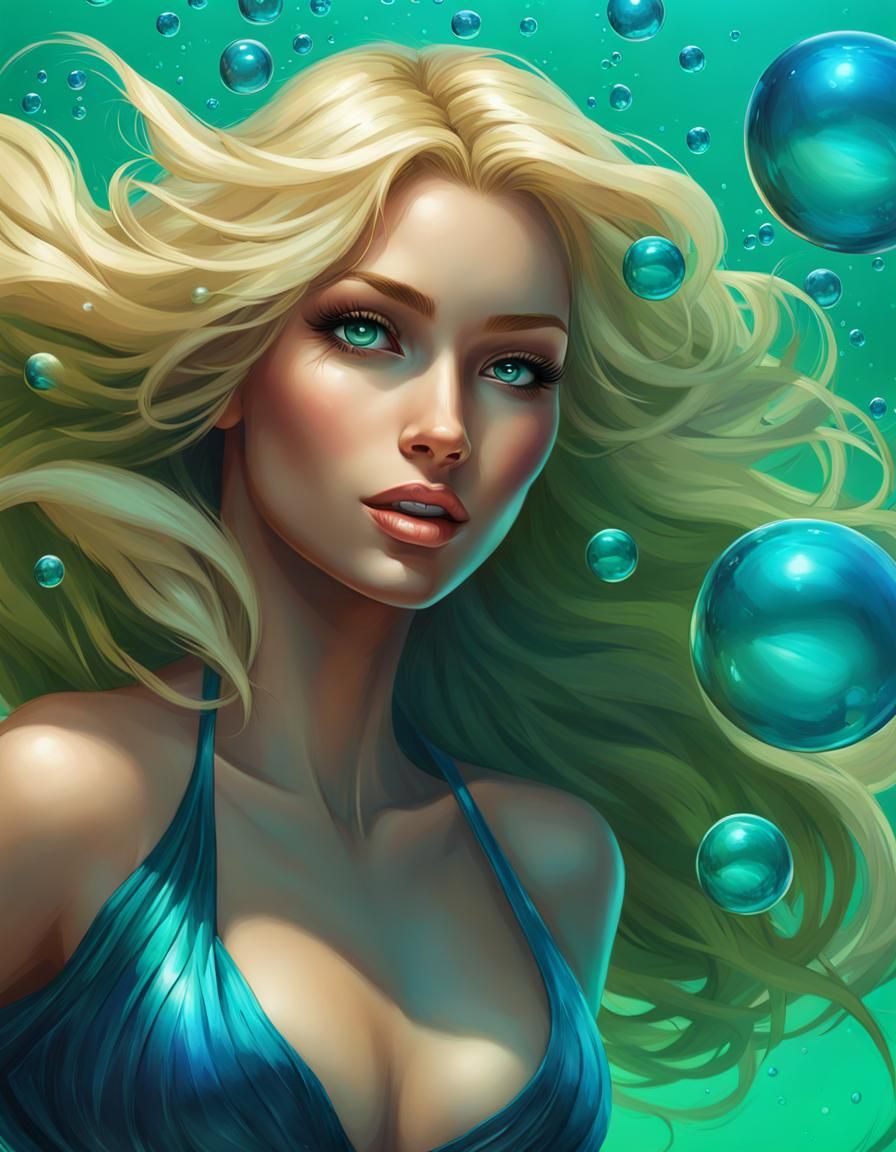 Mermaid Portrait with Bubbles in Art Nouveau Style