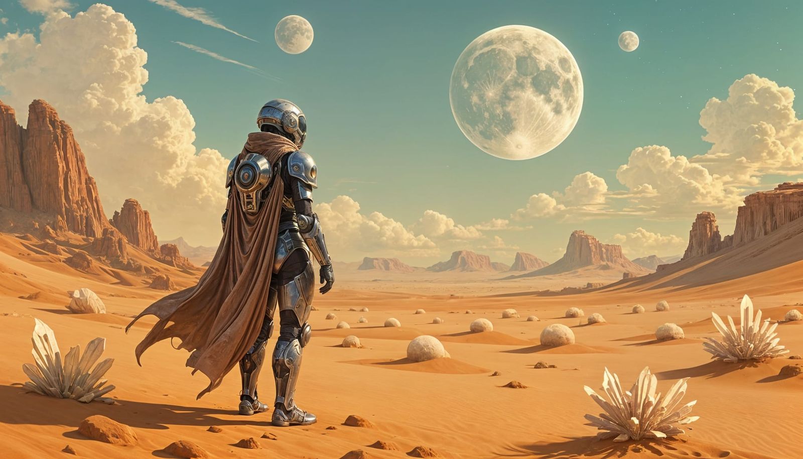 Cyborg Explorer in Alien Desert, Art Nouveau Sci-Fi Style