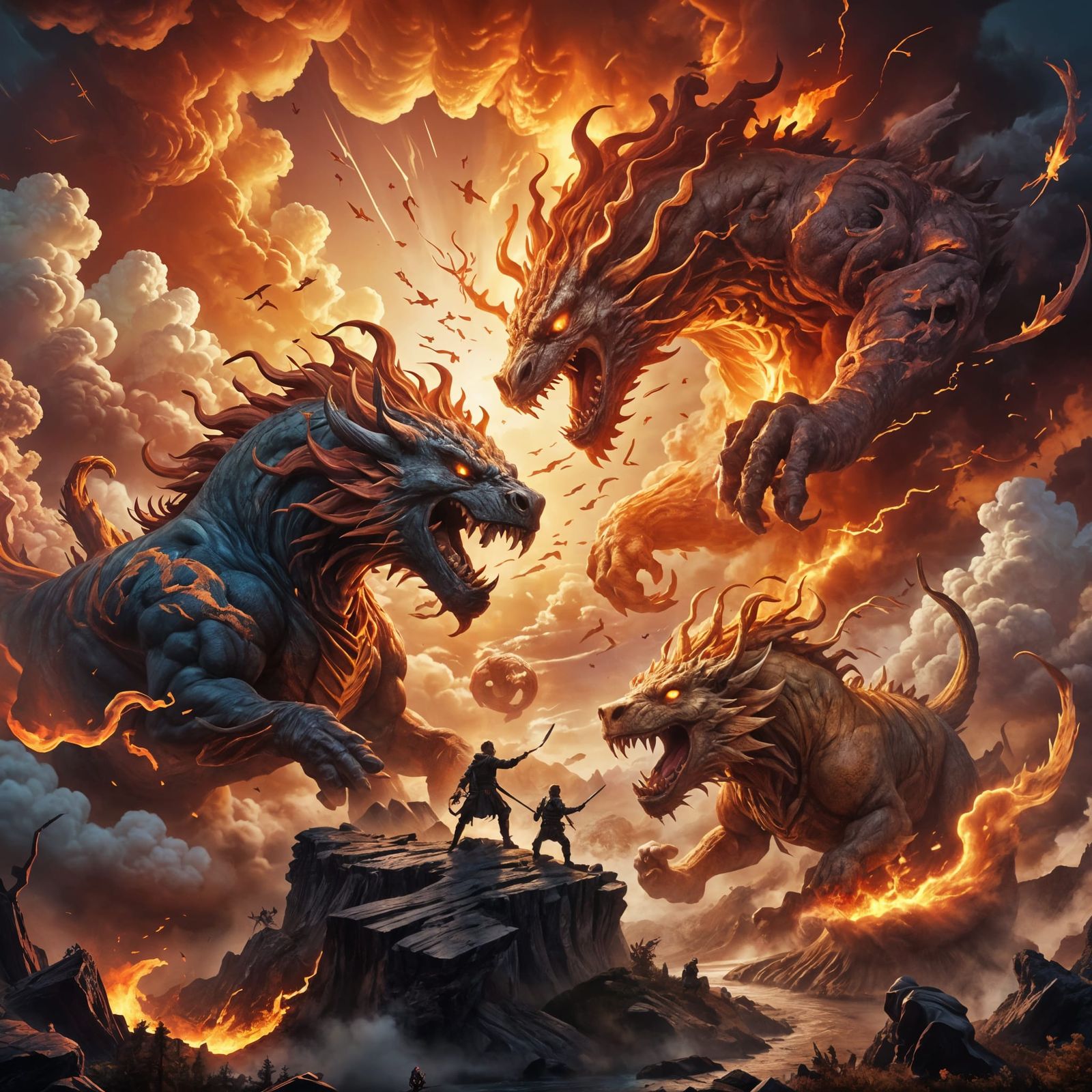 Fictional Creatures Clash Beneath Sunrise