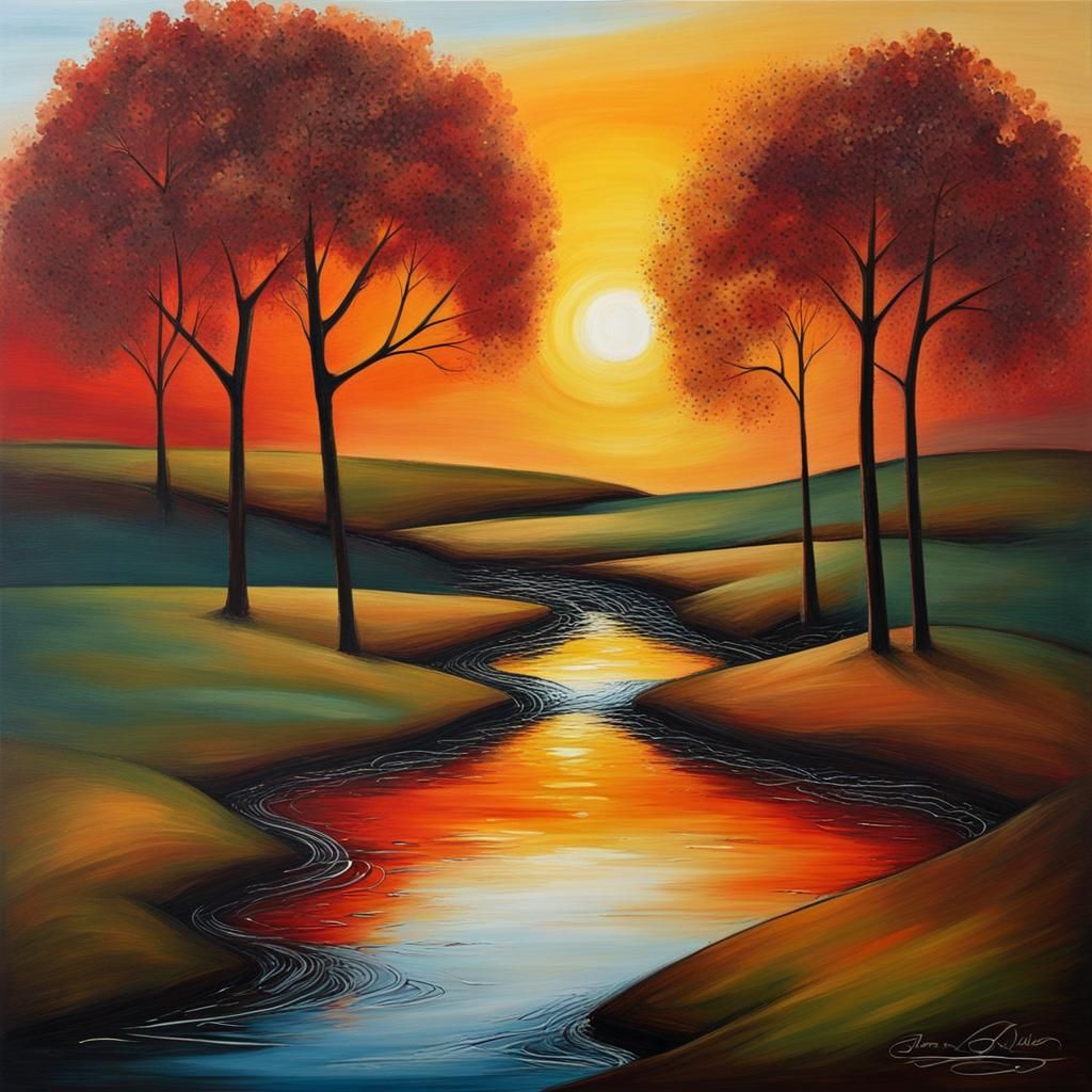 Abstract Sunset Landscape Painting with Stream
