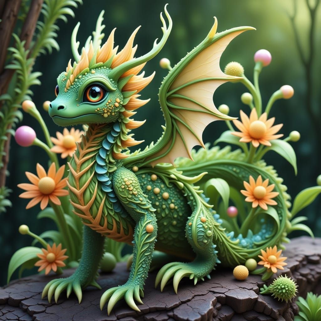 Whimsical Chamomile Tea Dragon with Enchanted Flowers