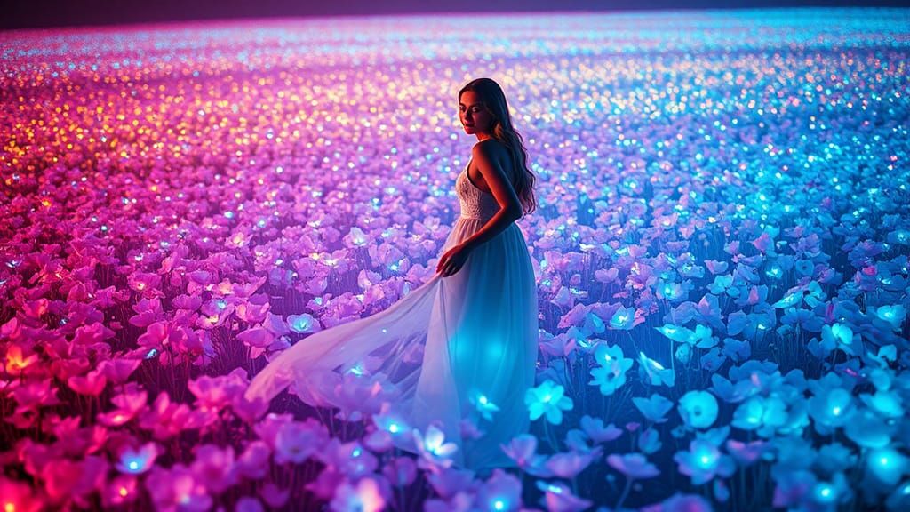 Bioluminescent Rainbow Flower Field with Dreamy Woman
