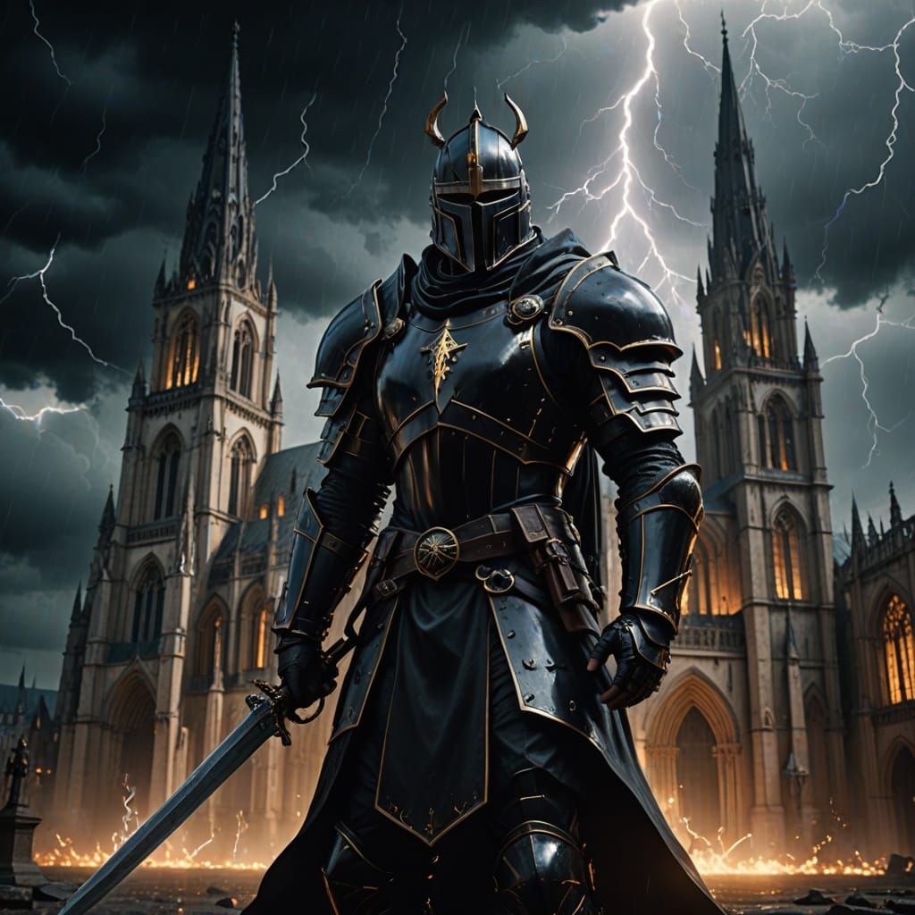 Mysterious Knight Stands Before Gothic Cathedral