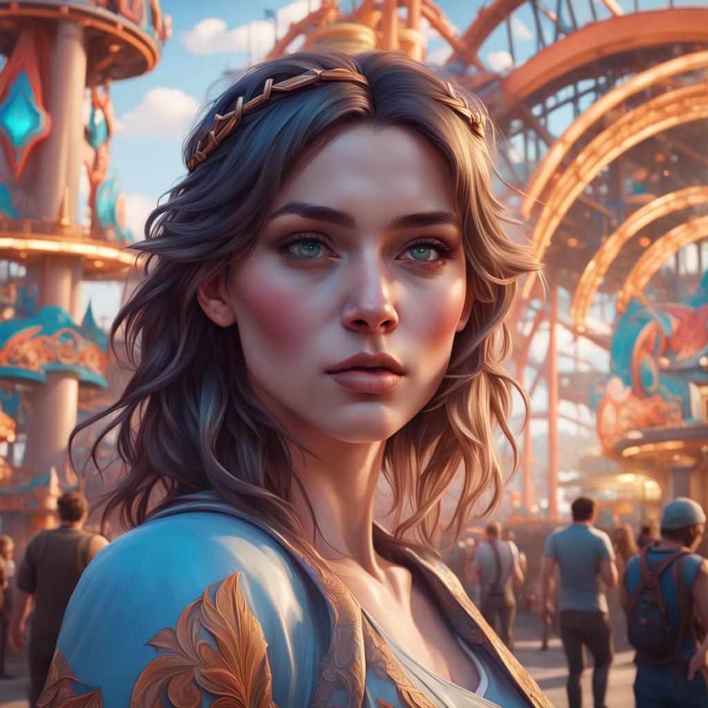 Beautiful Girl at Theme Park, Hyperdetailed Portrait
