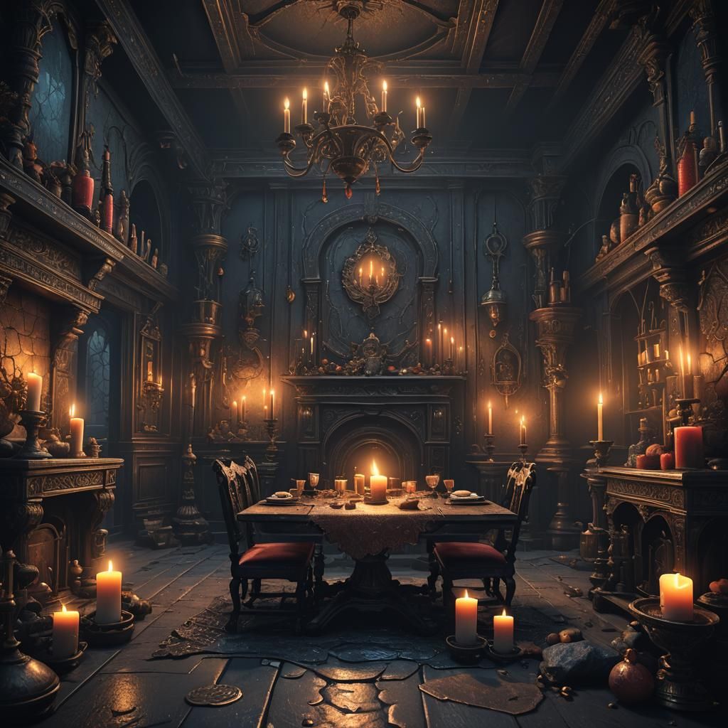Dark Room with Candle, Detailed Matte Painting