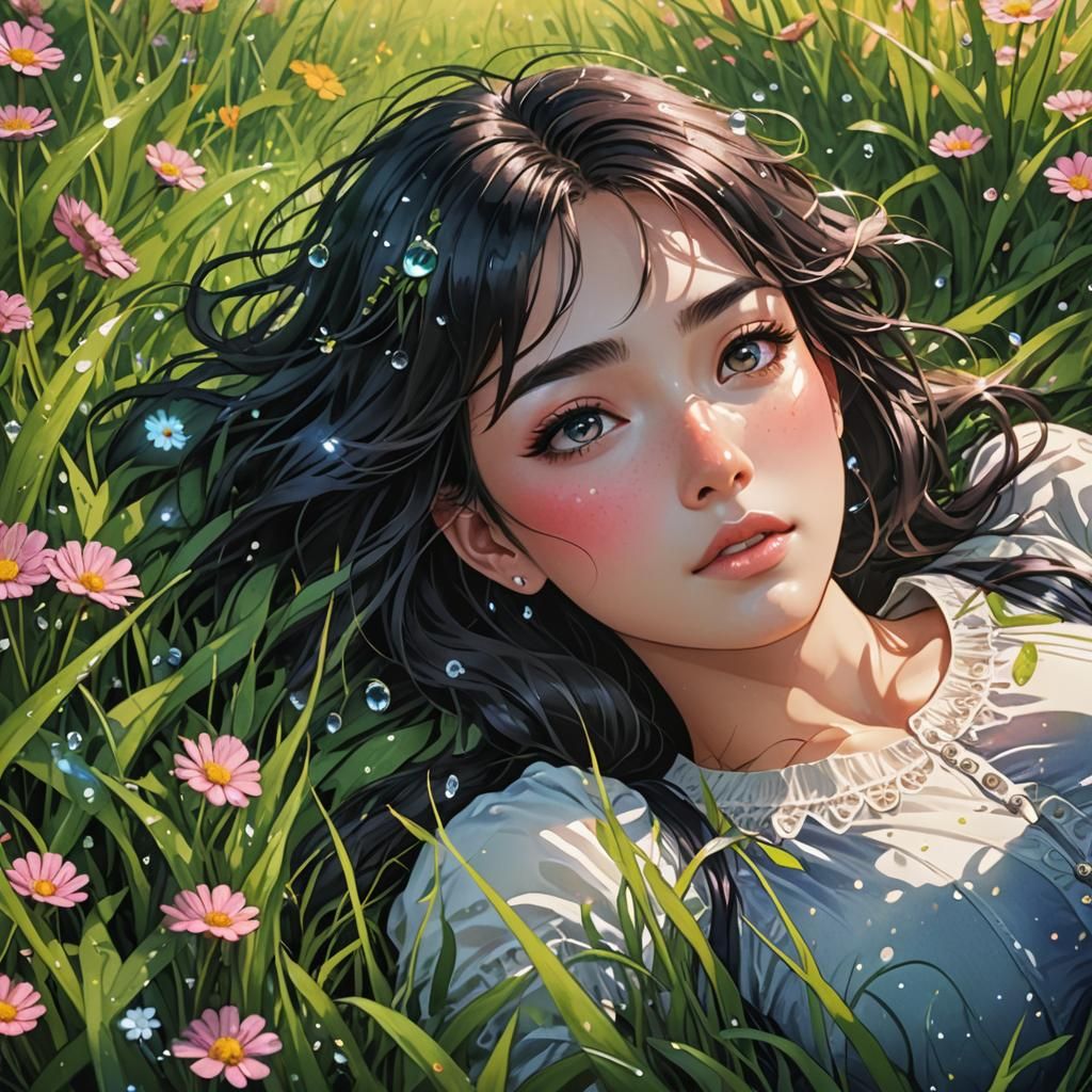 Girl in Grassy Field: Anime Comic Style Illustration