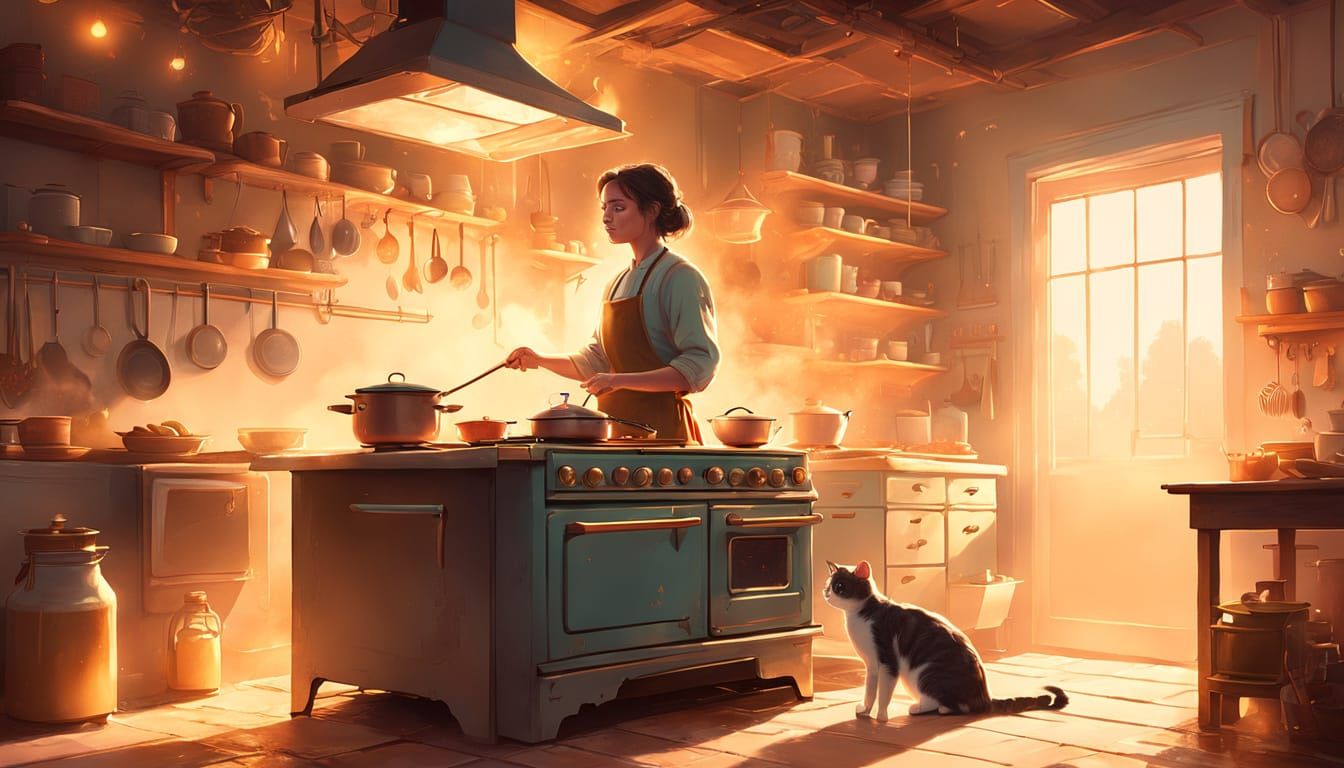 Woman Cooks With Cat in Kitchen, Bathed in Celestial Light