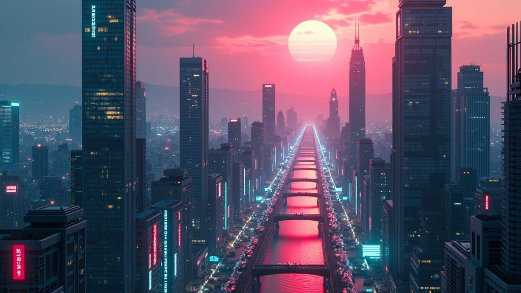 Surreal Futuristic Tokyo Cityscape in Neon Cyberpunk Style