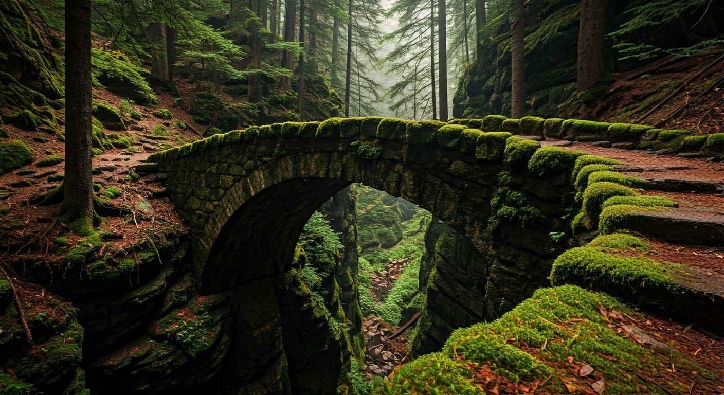 Weathered Stone Bridge in Emerald Forest