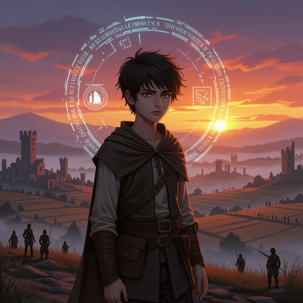 Young Lord of Technology on Barren Hilltop at Sunrise