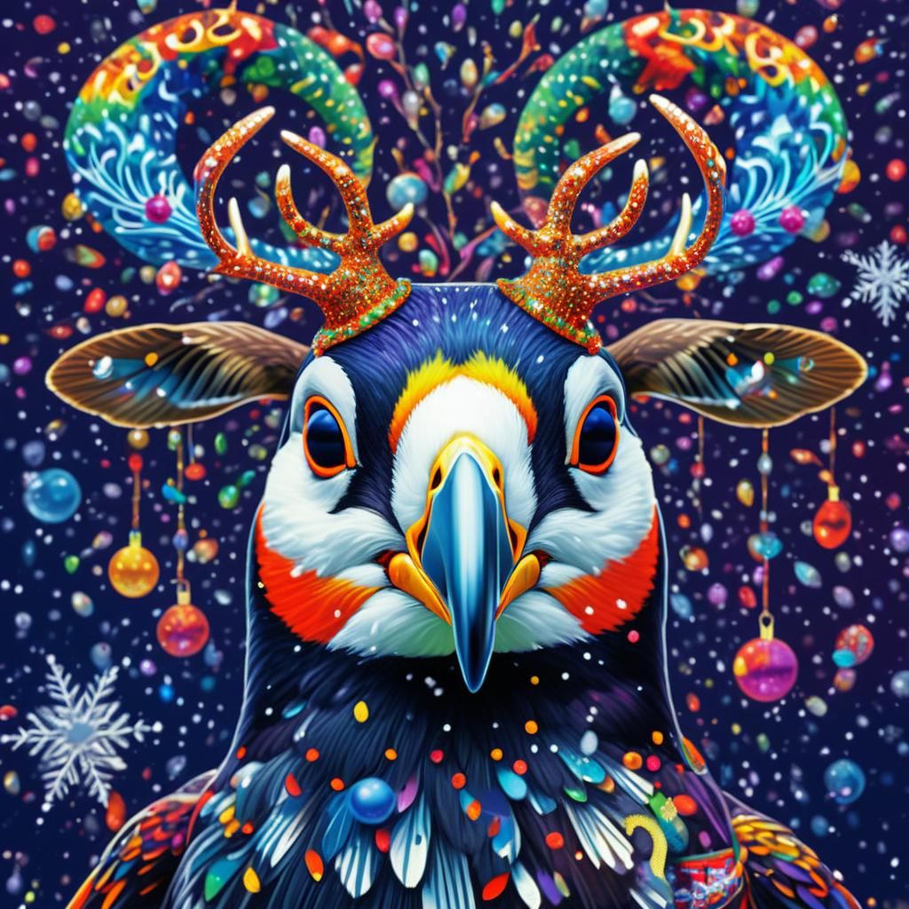 Psychedelic Christmas Puffin with Antlers in Fractal Art