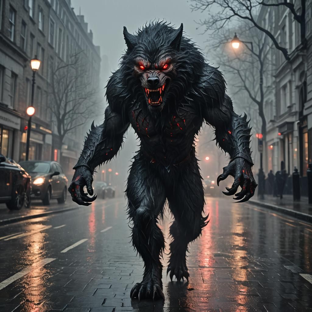 Hyperrealistic Werewolf in Foggy London