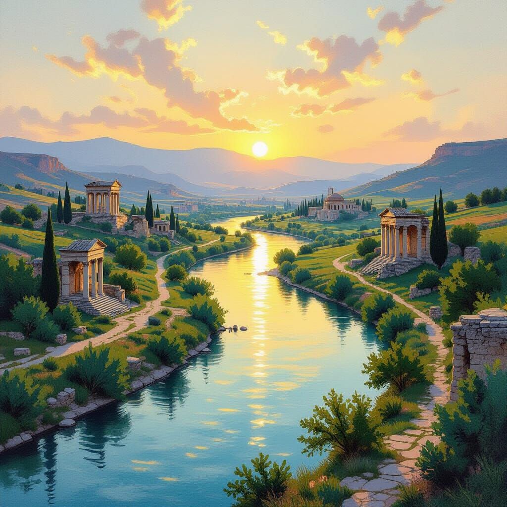 Meander River Landscape Painting at Sunset