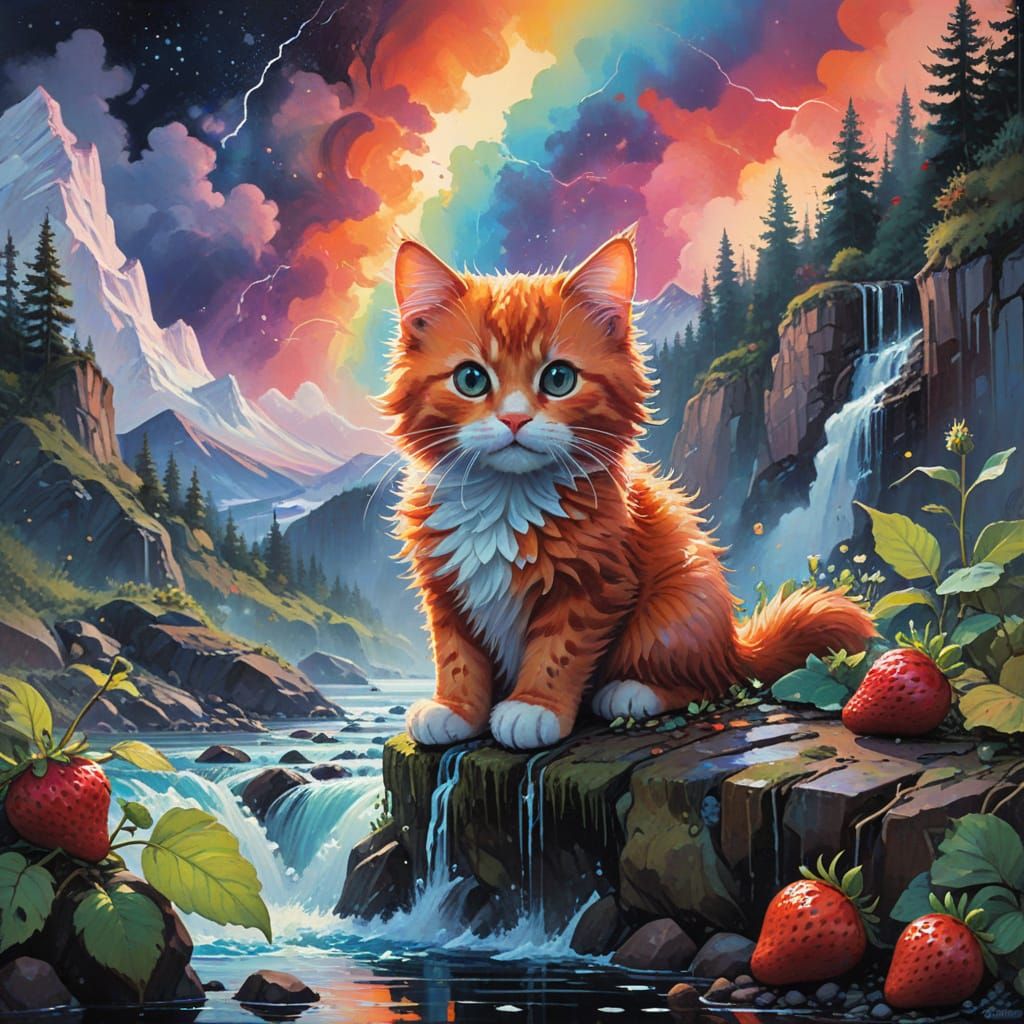Cosmic Kitten Amidst Vibrant Waterfalls in Dreamy Impasto Oi...