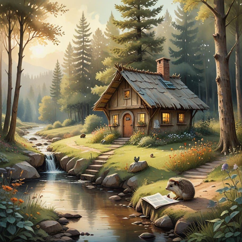 Idyllic Forest Hut with Hedgehog, Folk Art Style