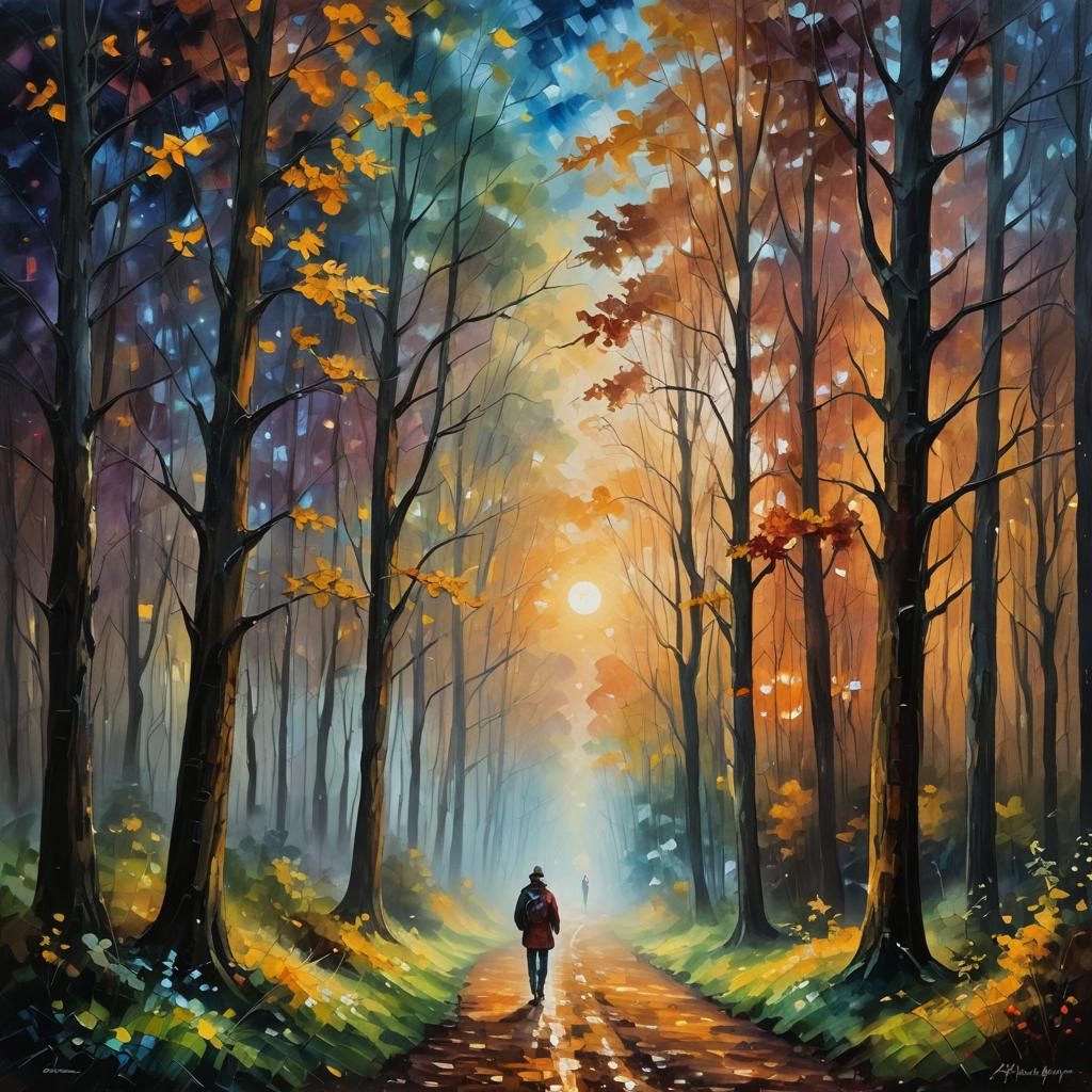 Tranquil Forest Path Under Stars: Impressionist Oil Painting