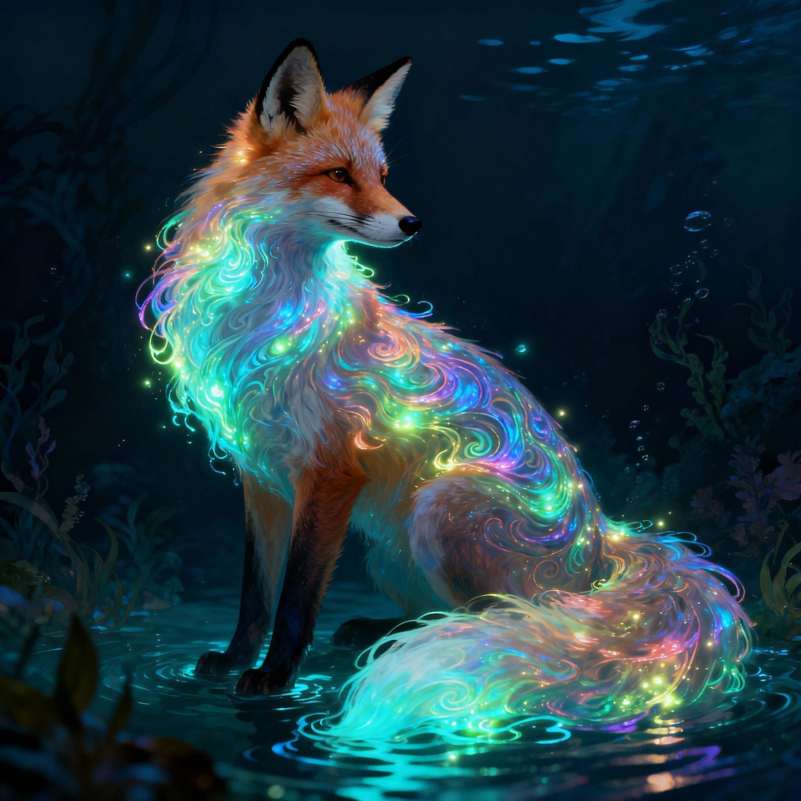 Iridescent Water Fox with Bioluminescent Glow