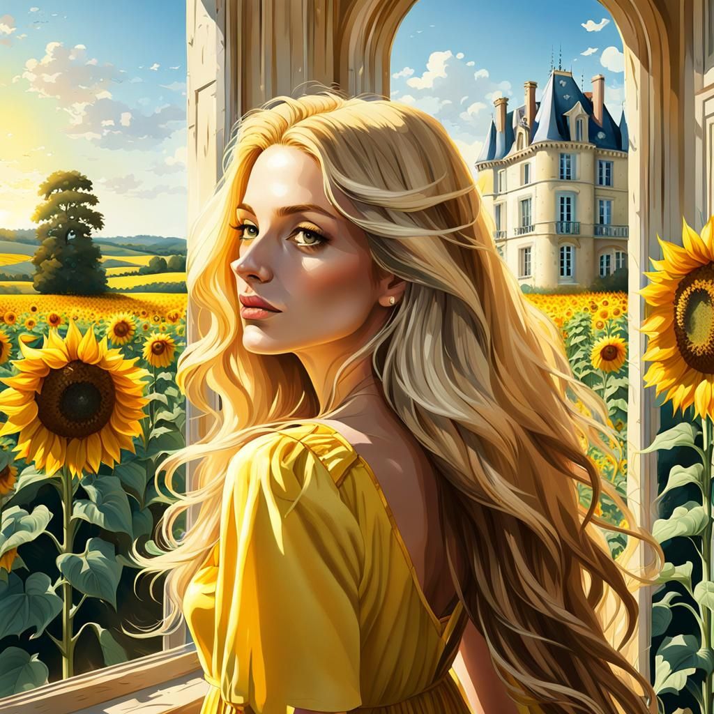 Young Woman Overlooking Sunflower Field on Summer Day