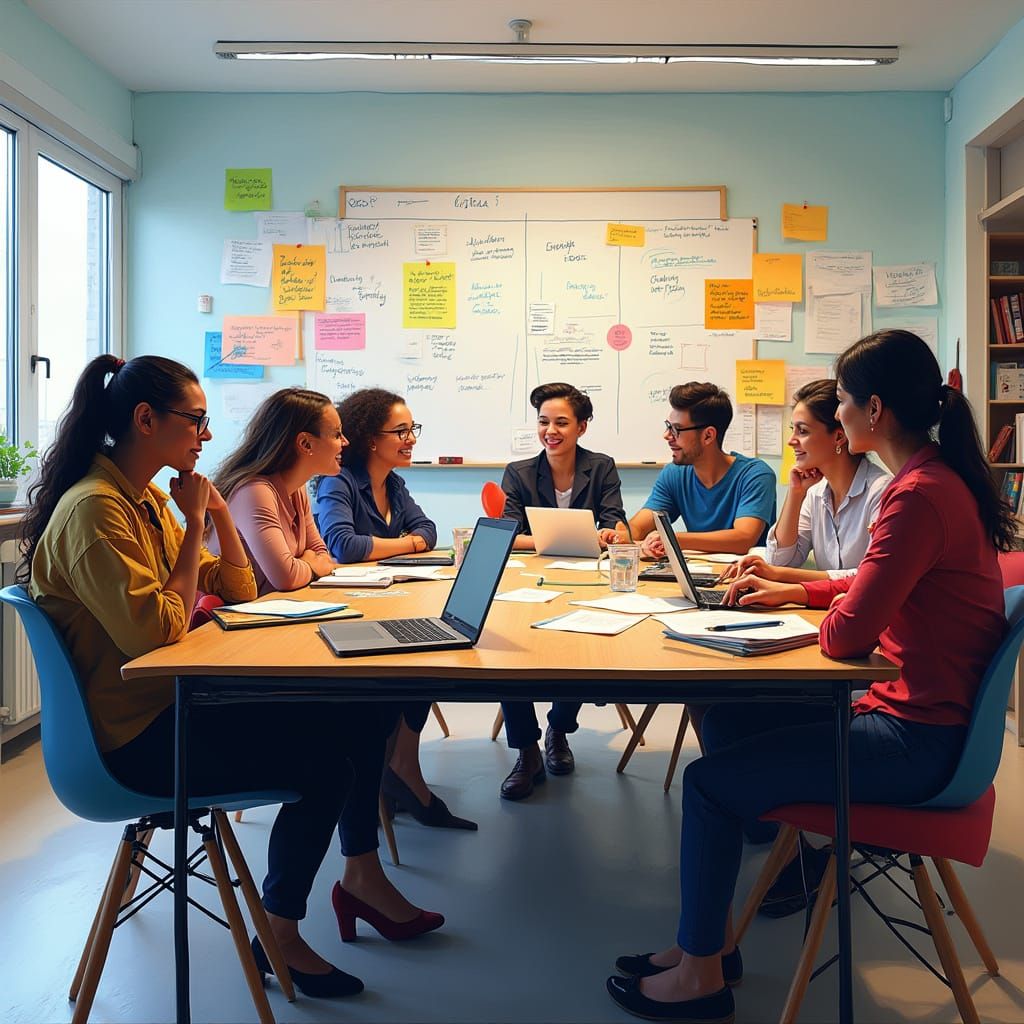 Diverse Teachers Collaborate in Modern School Conference Roo...