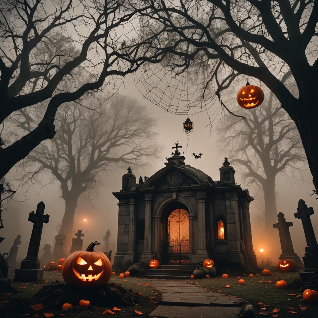 Eerie Halloween Cemetery Entrance in Dark Fantasy Style