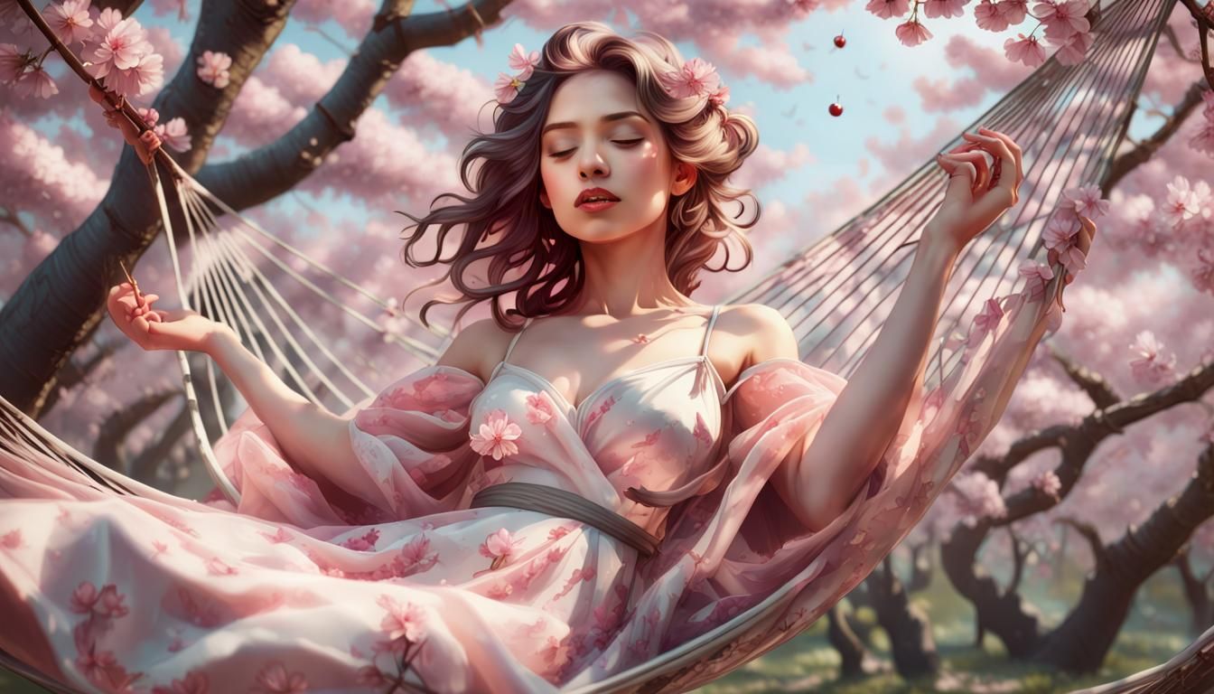 Cherry Blossom Woman Relaxing in Hammock, Digital Art
