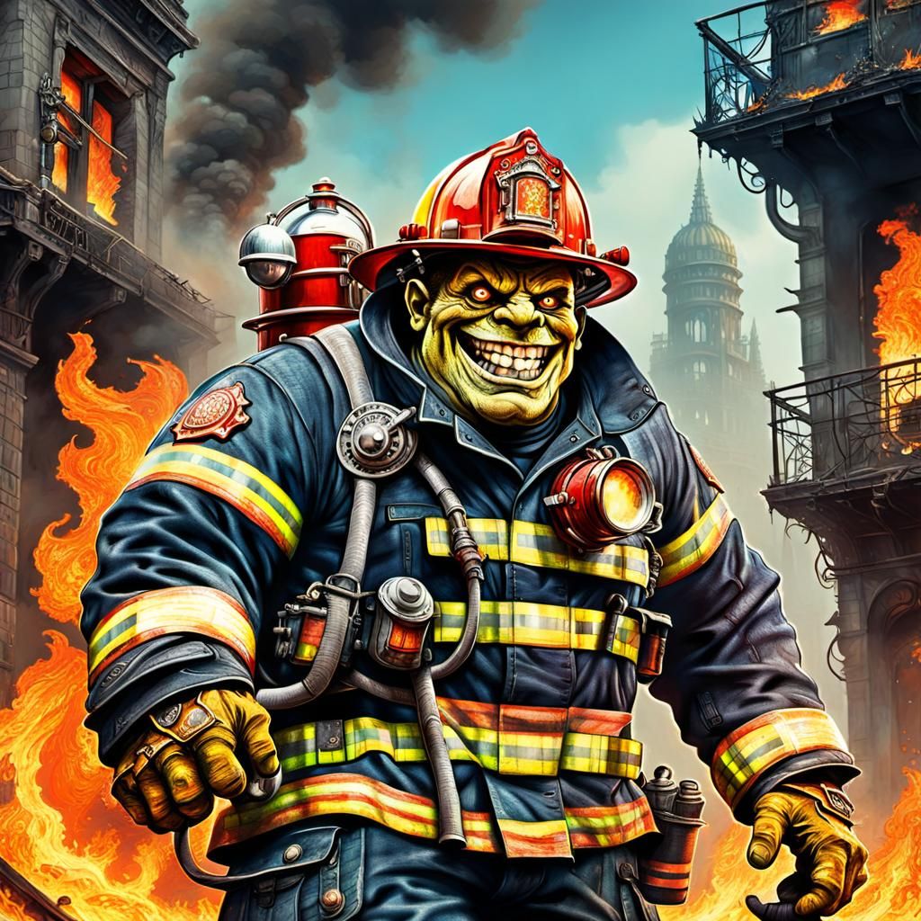 Dystopian Monster Fireman Fighting Fire