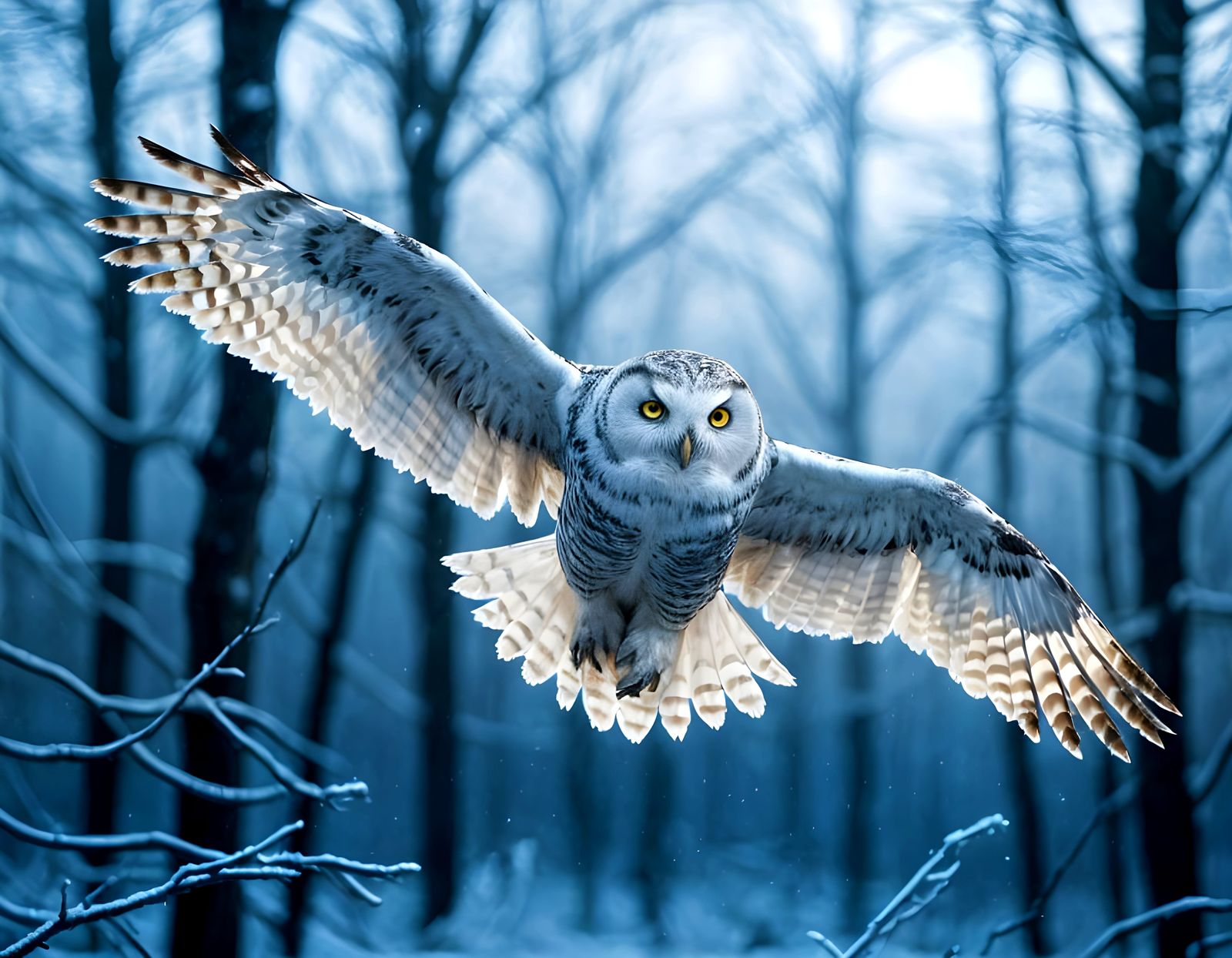 Moonlit Owl Soars Over Frozen Winter Wonderland