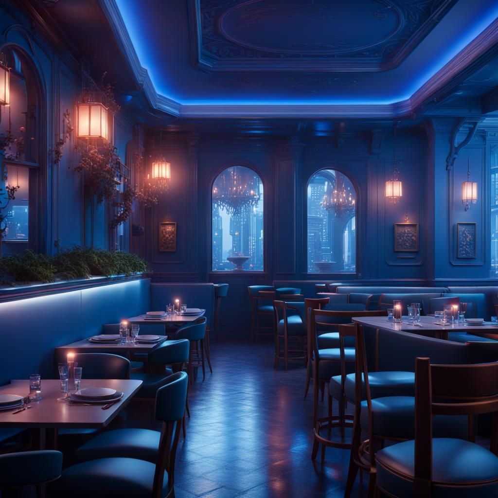 Hyperrealistic Restaurant Macro in Blue Neon