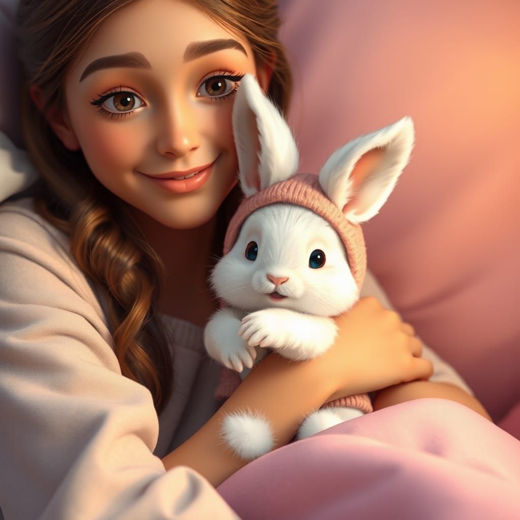 Girl Hugs Angora Rabbit in Pixar Animation Style