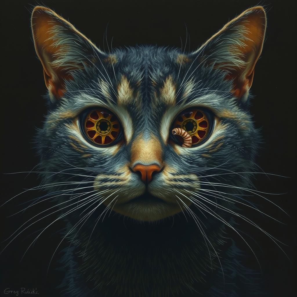 Eerie Cat with Worm Eye in Mystical Realism