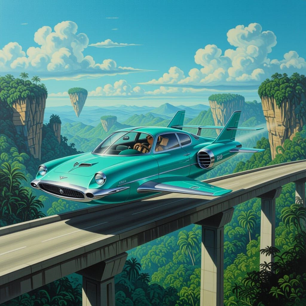 Futuristic Flying Car on Tropical Planet, Surreal Art