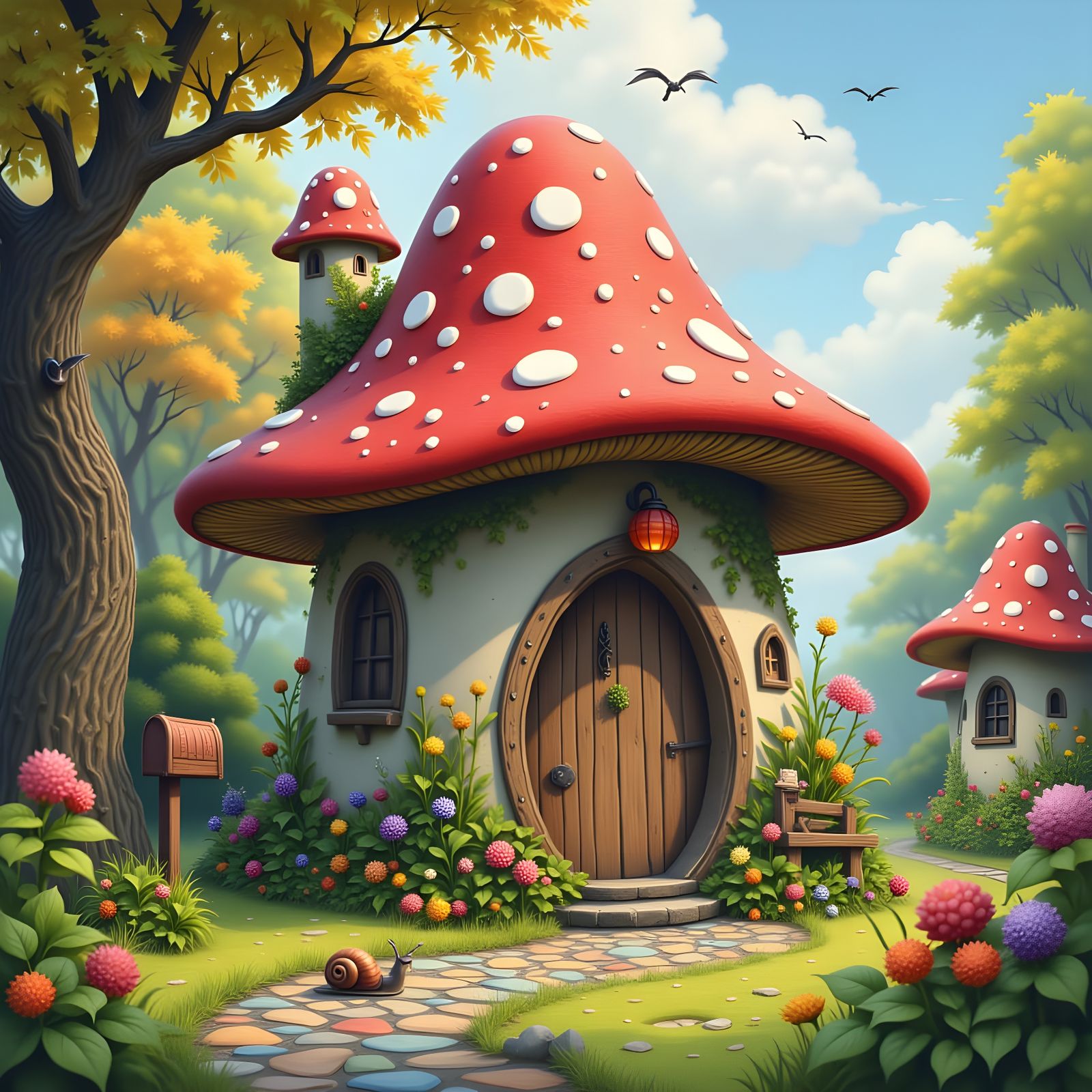 Surreal Mushroom House with Snail and Path