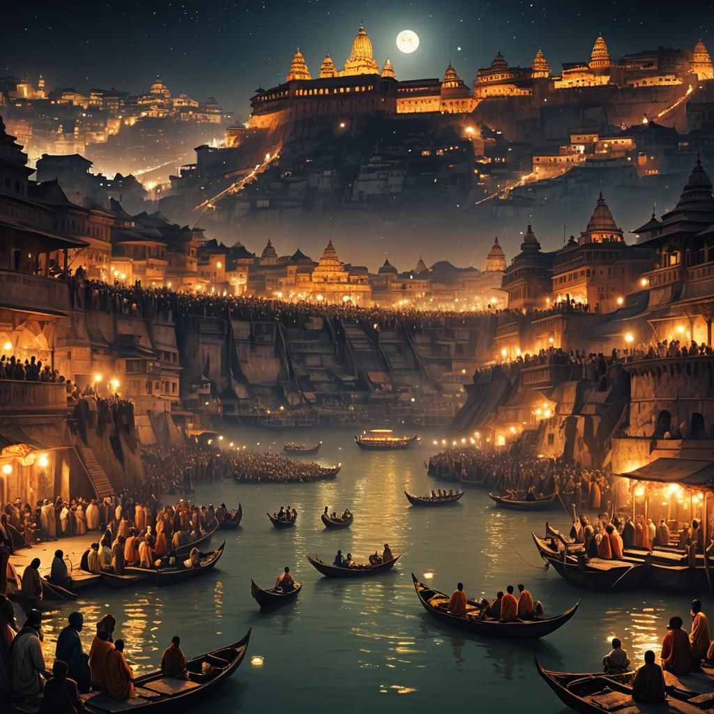 Banaras Ganga Ghat at Night in Oil Painting Style