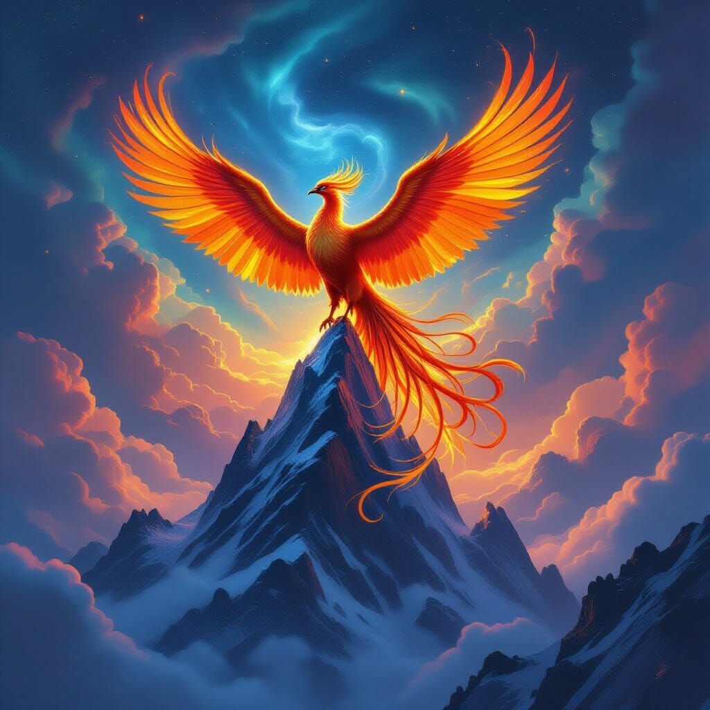 Majestic Phoenix on Crystal Peak Under Nebula Sky