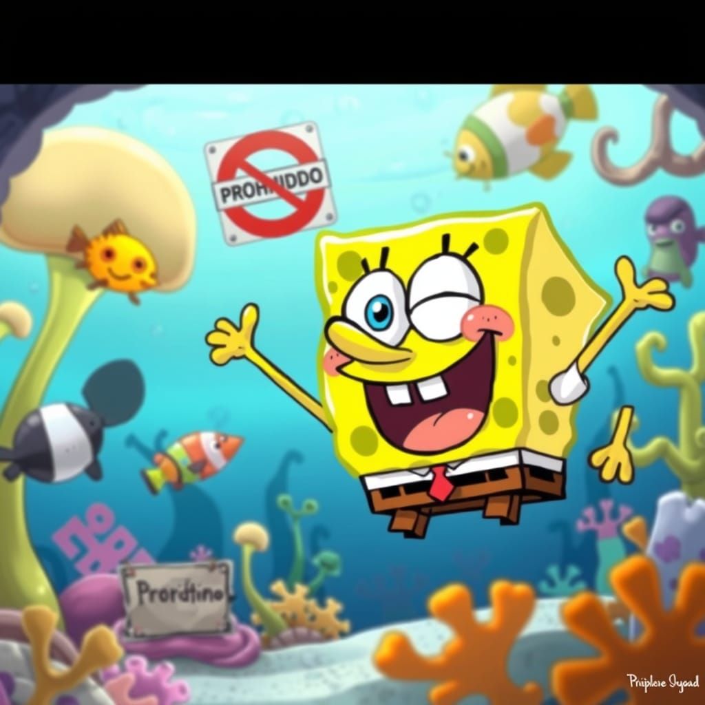 Surreal Bikini Bottom Adventure with Prohibited Signs