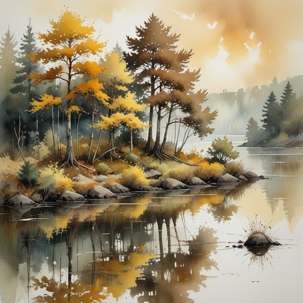 Watercolor Landscape with Trees and Lake in Earthy Tones