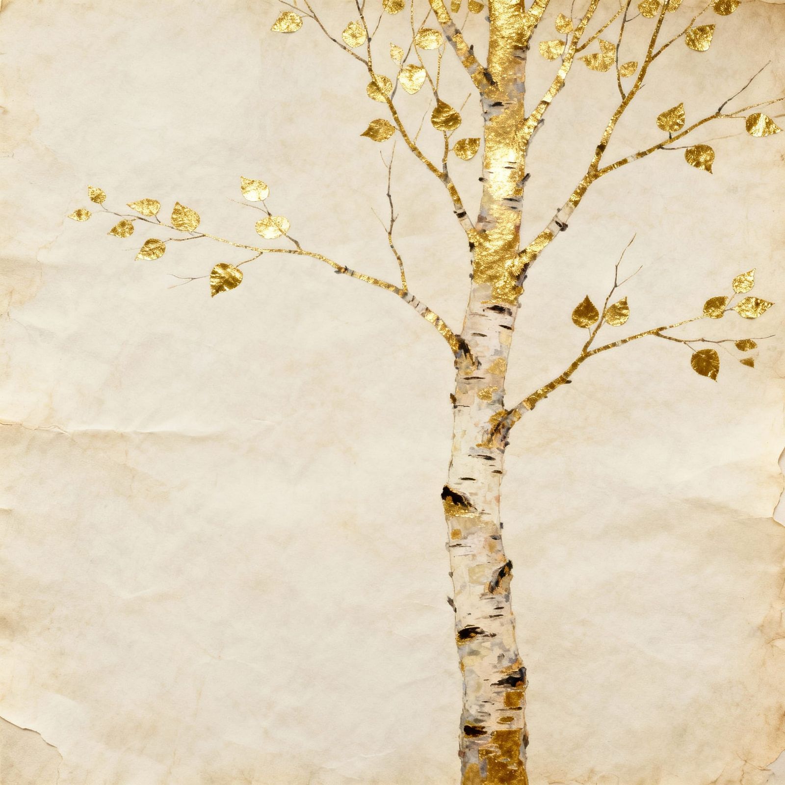 Elegant Gold Leaf Birch Tree on Parchment, Klimpt Inspired