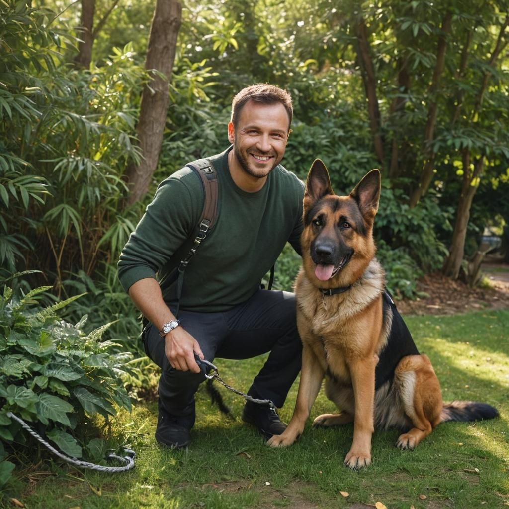 Affectionate Portrait of Man and Dog in Sunlight