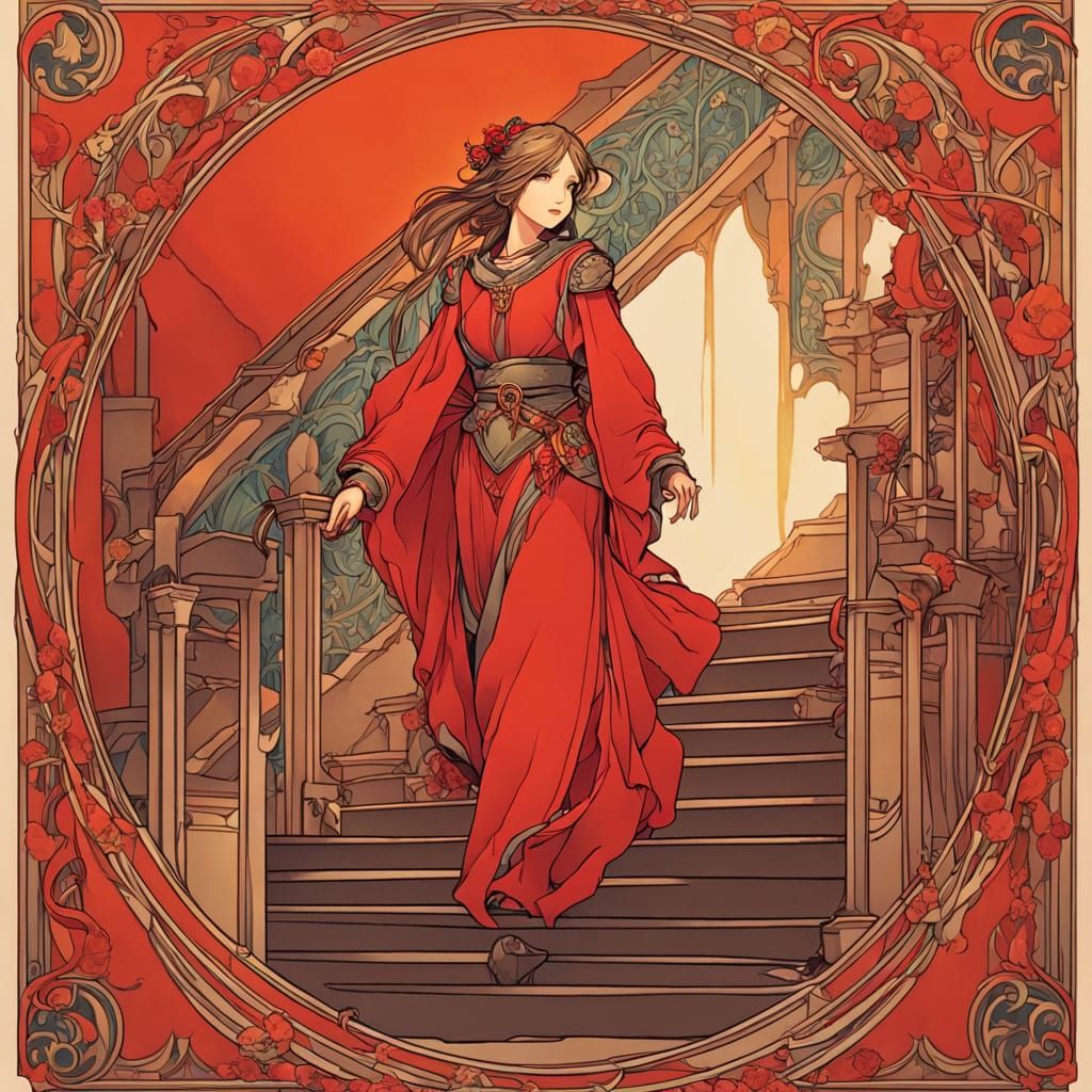 Medieval Woman Descends Stairs in Vibrant Colors