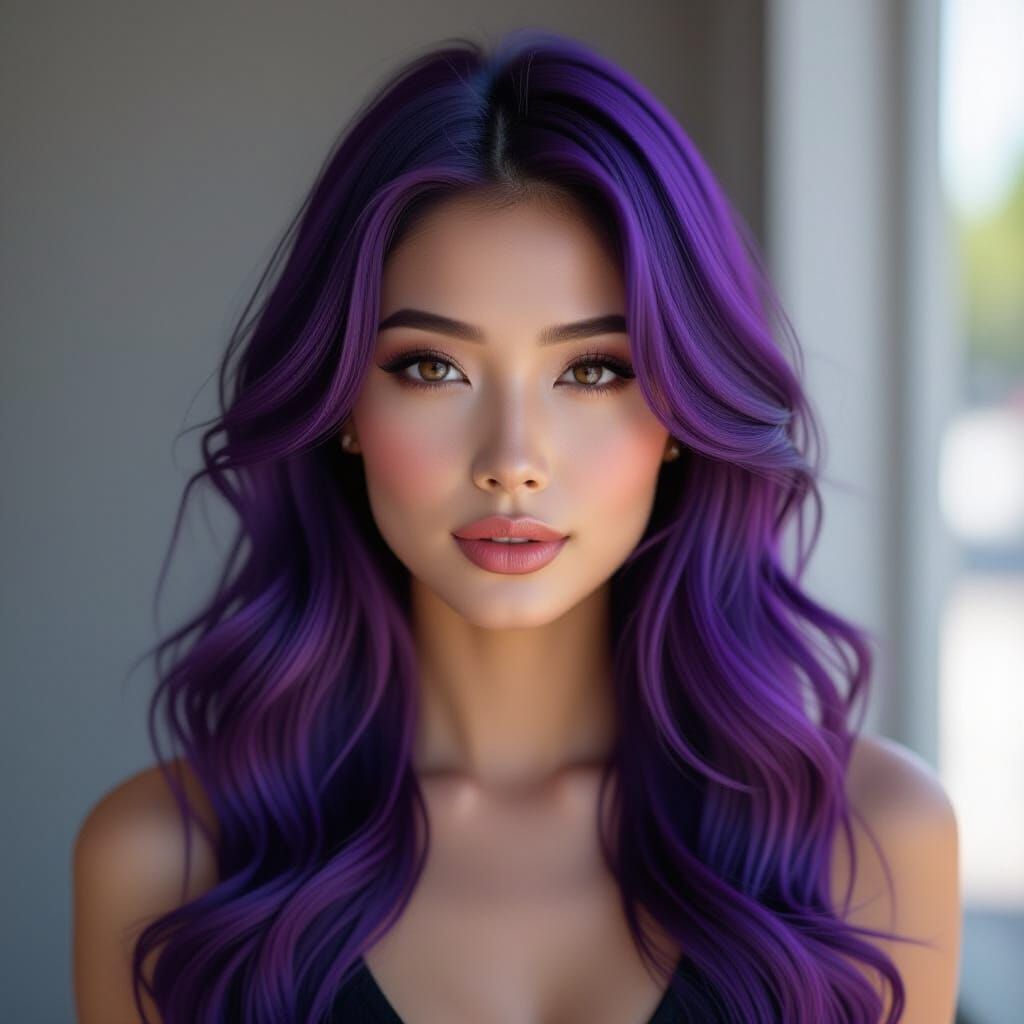 Confident Asian Woman with Elaborate Purple Hair
