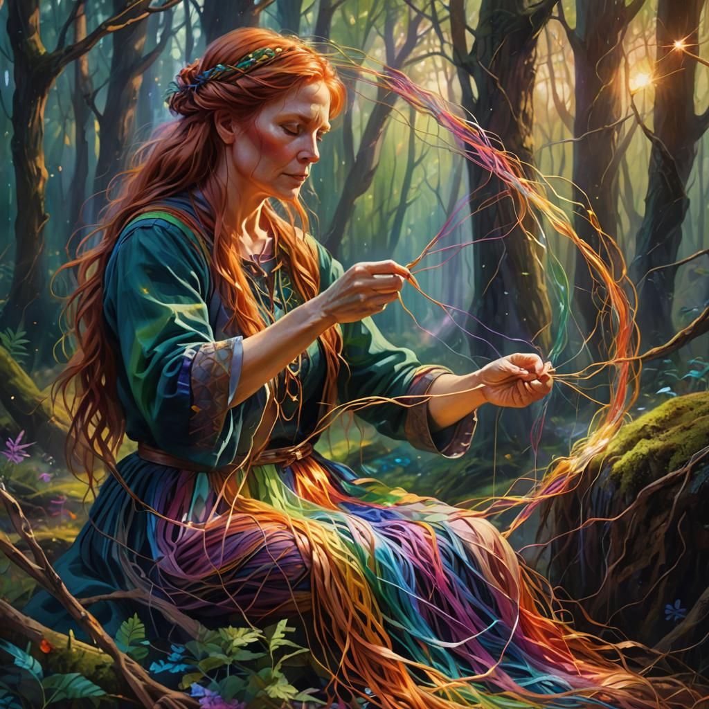Rainbow Thread Weaver in Mystical Forest Oil Painting
